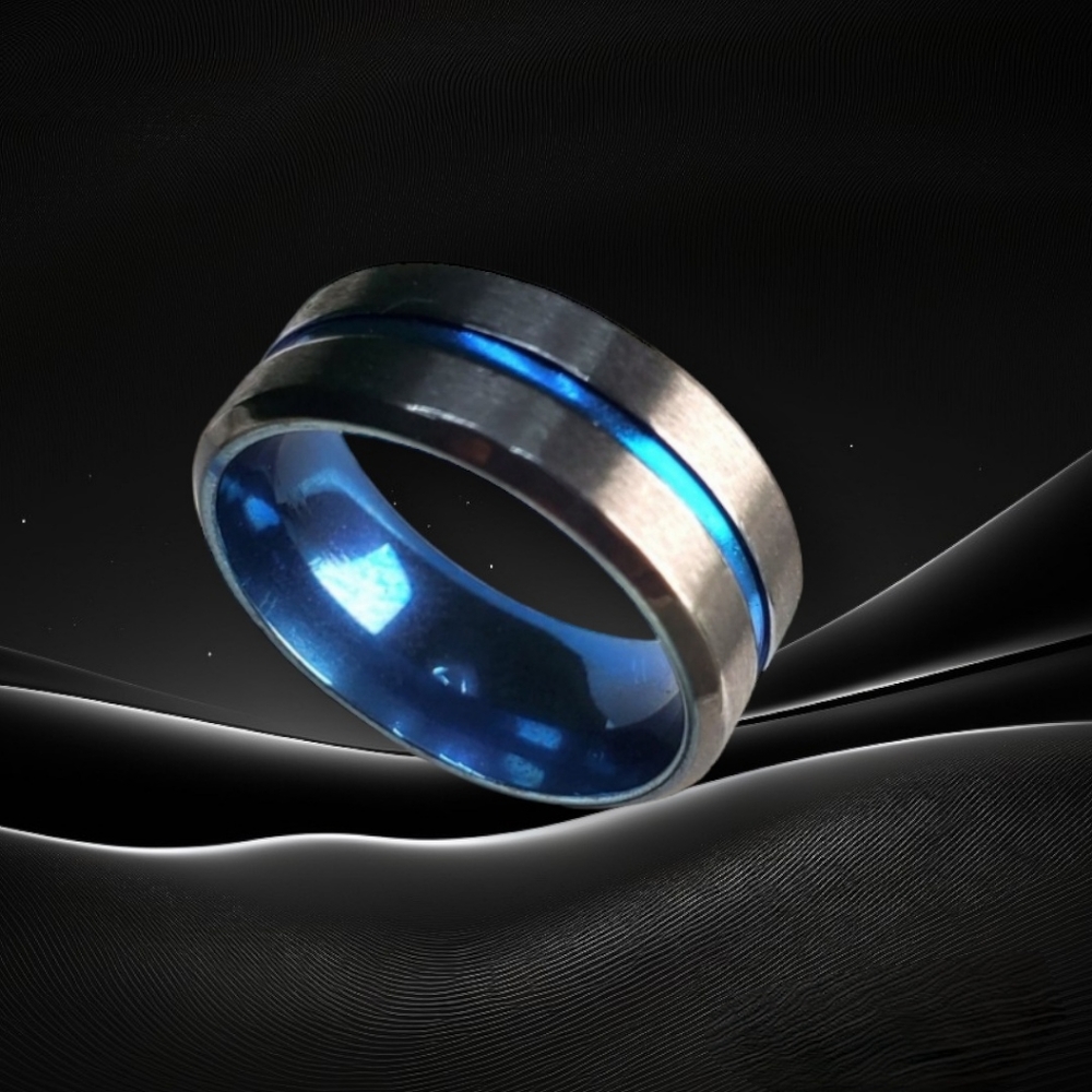 8MM NWT Stainless Steel Black with Center Blue Streak Ring, Size 10 - Picture 7 of 8